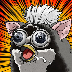 1:1 ambiguous_gender avian black_body black_fur bodily_fluids close-up drooling eyelashes fur furby furby_(species) janome-gotyou long_eyelashes machine nightmare_fuel open_mouth orange_background reaction_image robot saliva shocked simple_background solo soul_devouring_eyes tiger_electronics tongue what what_has_science_done where_is_your_god_now white_body white_fur