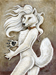 2009 5_fingers anthro ass biped black_nose canid canine canis claws fingers fur hair jewelry looking_aside male mammal necklace nude orange_eyes raised_tail side_view signature smile solo standing tail white_body white_fur white_hair wolf xianjaguar