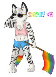 anthro emoticon eyewear flag flag_(object) heart_after_text heart_emoticon heart_symbol holding_flag holding_object lgbt_pride looking_at_viewer male markings mercury_(artist) multicolored_eyewear multicolored_markings multicolored_sunglasses multicolored_tail piercing pride_color_eyewear pride_color_flag pride_color_markings pride_color_sunglasses pride_color_tail pride_color_text pride_colors rainbow rainbow_flag rainbow_pride_colors rainbow_pride_flag rainbow_symbol rainbow_text six-stripe_rainbow_pride_colors smile smirk solo stated_homosexuality stated_sexuality stripes sunglasses tail text text_with_heart zera