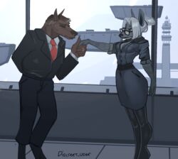  2023 airport anthro biped black_clothing black_suit blue_bottomwear blue_clothing blue_shirt blue_skirt blue_topwear bottomwear brown_body brown_fur canid canine canis clothing digital_media_(artwork) discreet_user domestic_dog duo everly_(discreet_user) eyewear fox fur glasses grey_body grey_fur grey_hair hair hi_res kissing_hand legwear male mammal monotone_body monotone_fur necktie rectangular_glasses ring shirt skirt standing suit suit_jacket topwear white_clothing white_shirt white_topwear 