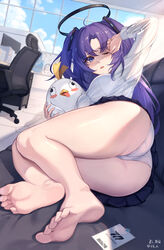  absurdres artist_name ass bare_legs barefoot black_halo bld_zi blue_archive blue_eyes blue_sky blush breasts chair cloud commentary_request couch day doodle_sensei_(blue_archive) feet female foot_focus foreshortening halo highres holding holding_stuffed_toy id_card indoors korean_commentary legs long_hair long_sleeves looking_at_viewer lying mechanical_halo medium_breasts millennium_science_school_logo office_chair on_couch on_side one_eye_closed open_mouth panties peroro_(blue_archive) purple_hair sensei_(blue_archive) shading_eyes shirt skirt sky soles stuffed_animal stuffed_penguin stuffed_toy swivel_chair thighs toes triangle_hair_ornament twitter_username two_side_up underwear upskirt white_panties white_shirt yuuka_(blue_archive) 