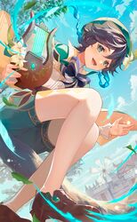  1boy absurdres aqua_hair black_hair braid brown_footwear flower genshin_impact gradient_hair green_eyes green_headwear green_shorts hat highres jewelry lyre male_focus mikamimichael multicolored_hair open_mouth shorts smile solo twin_braids venti_(genshin_impact) 