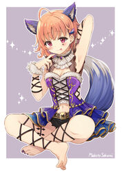  :p ahoge animal_ears ankle_lace-up arm_behind_head armpits artist_name barefoot belt black_nails blush braid breasts brooch center_cross_lace cleavage clothing_cutout commentary cross-laced_clothes cross-laced_footwear crossed_legs facial_mark feet female finger_to_own_chin frills fur_cuffs fur_trim hair_ornament halloween halloween_costume highres jewelry kemonomimi_mode legs looking_at_viewer love_live! love_live!_school_idol_festival_all_stars love_live!_sunshine!! nail_polish navel orange_hair overskirt red_eyes ribbon sakurai_makoto_(custom_size) short_hair side_braid side_cutout signature sitting small_breasts solo sparkle tail takami_chika toenail_polish toenails toes tongue tongue_out twitter_username wolf_ears wolf_tail wrist_ribbon 