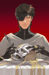  1boy absurdres aizen_sousuke black_gloves bleach bleach:_sennen_kessen-hen bleach:_turn_back_the_pendulum blonde_hair brown_eyes brown_hair closed_mouth coat commentary_request death eyepatch gloves high_collar highres hirako_shinji holding holding_knife knife long_hair looking_at_viewer male_focus mask md5_mismatch mylittleimp plate red_background short_hair skull skull_mask table white_coat 