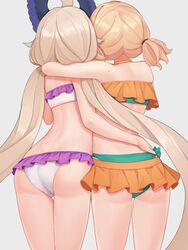  2girls absurdres ahoge ass ass_focus back bikini blonde_hair butt_crack enna_alouette facing_away from_behind head_wings highres layered_bikini long_hair millie_parfait multiple_girls nijisanji nijisanji_en short_hair sleepypudding swimsuit thighs virtual_youtuber wings 