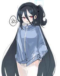  &lt;key&gt;_(blue_archive) black_hair black_hairband blue_archive blue_jacket cum cum_on_body cum_on_clothes female hair_between_eyes hairband halo highres jacket long_hair pink_eyes retri simple_background speech_bubble thighs white_background 