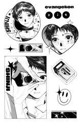  1boy bedemientay1802 character_name closed_mouth collar collared_shirt commentary english_text frown greyscale hands_up head_tilt highres ikari_shinji looking_at_viewer male_focus monochrome multiple_views neon_genesis_evangelion one-eyed outside_border own_hands_together peeking_through_fingers portrait shirt short_hair sideways_glance skull smile split_theme symbol-only_commentary 