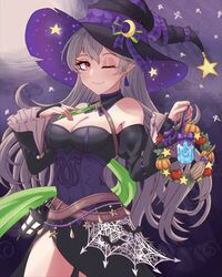  absurdres angryforks bare_shoulders black_dress breasts cleavage closed_mouth corrin_(female)_(fire_emblem) corrin_(female)_(halloween)_(fire_emblem) corrin_(fire_emblem) crescent crescent_hat_ornament crossed_belts detached_sleeves dragonstone dress earrings female fire_emblem fire_emblem_fates fire_emblem_heroes grey_hair halloween halloween_costume hand_on_own_chest hat hat_ornament highres jewelry lantern large_breasts long_hair long_sleeves looking_at_viewer off-shoulder_dress off_shoulder official_alternate_costume one_eye_closed pointy_ears red_eyes smile solo star_(symbol) witch witch_hat 