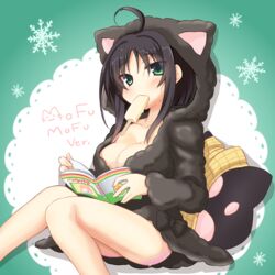  ahoge alternate_costume animal_ear_hood animal_ears animal_print bare_legs black_bow black_hair blunt_ends blush book bow breasts cat_ears cat_print cleavage collarbone commentary_request eyes_visible_through_hair fake_animal_ears female food food_in_mouth fur_jacket green_background green_eyes hair_between_eyes highres hitachi_mako holding holding_book hood hood_up hooded_jacket jacket knees_together_feet_apart large_breasts long_sleeves manga_(object) no_bra open_book pillow popsicle popsicle_in_mouth reading relaxing senren_banka short_hair_with_long_locks simple_background sitting snowflakes solo sweat tatsuya_(trypaint) thighs two-tone_background white_background 