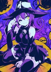  :3 bare_shoulders black_dress black_thighhighs blair_(soul_eater) blush_stickers breasts dress female floating floating_object halloween hat highres long_hair looking_at_viewer night night_sky one_eye_closed parororo paw_pose pumpkin purple_hair shiny_skin sitting sky slit_pupils smile solo soul_eater thighhighs thighs wide_hips witch witch_hat yellow_eyes 