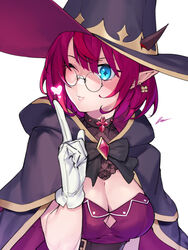  alternate_costume blue_eyes breasts cape cleavage dasdokter earrings female glasses gloves hat heart highres hololive hololive_english hood hooded_cape irys_(hololive) jewelry looking_at_viewer one_eye_closed pointy_ears red_hair short_hair simple_background smile solo virtual_youtuber white_background white_gloves witch_hat 