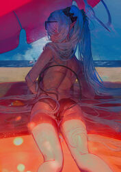  2girls absurdres ass back bare_shoulders beach beach_umbrella betabeet bikini black_bikini blue_archive blue_sky blush breasts cloud dark-skinned_female dark_skin day demon_tail english_commentary eyewear_on_head from_behind grey_hair halo highres iori_(blue_archive) iori_(swimsuit)_(blue_archive) kneepits long_hair looking_at_viewer looking_back lotion lying multiple_girls navel ocean on_stomach outdoors paid_reward_available pointy_ears sand shiroko_(blue_archive) shiroko_terror_(blue_archive) sky solo_focus string_bikini sunglasses sunscreen swimsuit tail thighs twintails umbrella very_long_hair water 