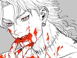  1boy birthmark blood blood_on_face blood_on_hands commentary_request dio_brando ear_birthmark earrings fangs highres jewelry joestar_birthmark jojo_no_kimyou_na_bouken male_focus portrait red_eyes scar scar_on_neck smile solo spot_color stardust_crusaders vampire yonchi 