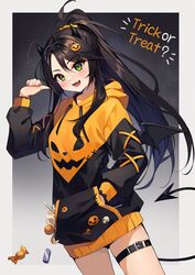  ahoge black_hair blush candy commission demon_horns demon_tail dutch_angle english_text fangs female food green_eyes hair_ornament halloween hand_in_pocket highres hood hood_down hoodie horns hyanna-natsu indie_virtual_youtuber jack-o&#039;-lantern jack-o&#039;-lantern_hair_ornament long_hair open_mouth ponytail tail thigh_strap trick_or_treat two-tone_sweater unethical_(vtuber) virtual_youtuber wings 