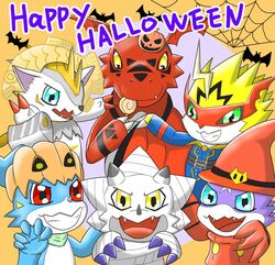  anthro bandai_namco blue_eyes candy clothing costume dessert digimon digimon_(species) food gammamon gammodokimon grin group guilmon gumdramon halloween halloween_costume herissmon holidays horn lollipop male mask mummy_costume mummy_wrappings pulsemon purple_body red_body red_eyes scalie smile veemon yellow_eyes 