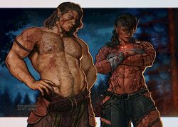  1boy abs arched_back arm_hair asymmetrical_hair baldur&#039;s_gate baldur&#039;s_gate_3 bara belt blood brown_hair bruise chest_hair chest_sarashi colored_skin demon_girl denim dungeons_&amp;_dragons elf embers female forest hairy halsin hand_hair highres injury jeans karlach large_pectorals leather mature_male medium_hair muscular muscular_male nature navel_hair night night_sky nipples pants pectorals pointy_ears red_skin sarashi sidecut skindentation sky thick_eyebrows thighs tiefling topless_male tree umikochannart undercut 