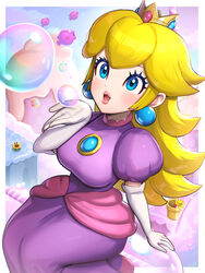  absurdres bad_hands blonde_hair bloomp blowing_bubbles blue_eyes blush breasts bubble bubble_peach cloud commentary_request crown dot_nose dress earrings elbow_gloves female flower gloves gonzarez highres jewelry koopa_troopa large_breasts long_hair mario_(series) open_mouth parted_bangs pink_lips princess_peach puffy_short_sleeves puffy_sleeves purple_dress short_sleeves sitting snow solo sphere_earrings super_mario_bros._wonder talking_flower_(mario) warp_pipe white_gloves 