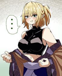  ... amakaze16 black_sports_bra blonde_hair blush breasts brown_shirt clenched_teeth commentary_request cowboy_shot female fingernails green_eyes hair_between_eyes half_updo hatching_(texture) highres long_sleeves looking_down medium_bangs medium_breasts mizuhashi_parsee navel off_shoulder pointy_ears sash shirt short_hair short_ponytail sneer solo spoken_ellipsis sports_bra teeth touhou white_sash wide_sleeves 