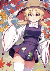  animal_print autumn autumn_leaves blonde_hair blurry blurry_foreground breasts brown_hat closed_mouth cloud commentary cowboy_shot darumoon day falling_leaves female frog_print hat high-waist_skirt highres holding holding_leaf leaf leaf_background light_blush long_sleeves looking_at_viewer maple_leaf miniskirt moriya_suwako nature outdoors parted_bangs purple_skirt purple_vest red_ribbon ribbon ribbon-trimmed_sleeves ribbon_trim shirt sidelocks skindentation skirt skirt_set small_breasts smile snake_print solo split_mouth standing thick_thighs thighhighs thighs touhou turtleneck vest white_thighhighs wide_sleeves yellow_eyes zettai_ryouiki 