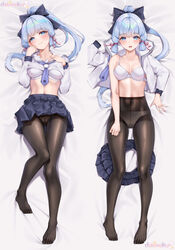  ass_visible_through_thighs bed black_pantyhose blue_eyes blue_hair blunt_bangs blunt_tresses blush bow bra breasts cameltoe clothes_lift collarbone commentary_request covered_navel dakimakura_(medium) embarrassed feet female genshin_impact hair_ribbon hairbow highres kamisato_ayaka kamisato_ayaka_(heytea) light_blue_hair long_hair long_sleeves looking_at_viewer lying matrix16 medium_breasts mole mole_under_eye multiple_views no_shoes off_shoulder official_alternate_costume on_back open_clothes open_mouth open_shirt panties panties_under_pantyhose pantyhose ponytail ribbon sailor_collar school_uniform serafuku shirt shirt_lift skirt skirt_lift sweatdrop thigh_gap thighband_pantyhose thighs tress_ribbon underwear wavy_mouth white_bra white_sailor_collar white_shirt 