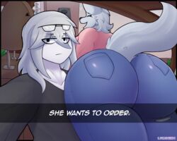  5:4 angry anthro ass big_butt blush canid canine car_interior clothed clothing digital_media_(artwork) duo felly_(lykan284) female fully_clothed he_wants_to_order hi_res human looking_at_viewer lykan284 male mammal meme simple_background smile tail text thick_thighs wide_hips 