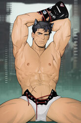  1boy abs absurdres alternate_muscle_size animal_ears armpits arms_up ass_visible_through_thighs bara black_hair boxing_gloves cross-laced_clothes cross-laced_legwear cross_scar dog_ears ear_piercing feet_out_of_frame genshin_impact grey_hair hair_between_eyes highres katto8452 large_pectorals looking_at_viewer male_focus male_pubic_hair muscular muscular_male navel nipples open_clothes open_shorts paid_reward_available pectorals piercing pubic_hair pubic_hair_peek scar scars_all_over shiny_clothes short_hair shorts solo spread_legs stomach thick_eyebrows thick_thighs thighs too_many topless_male wriothesley_(genshin_impact) 