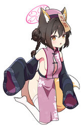  animal_ear_fluff animal_ears bare_shoulders black_sleeves blue_archive braid breasts brown_eyes brown_hair chinese_clothes detached_sleeves double_bun female fox_ears fox_tail full_body hair_bun halo hat highres izuna_(blue_archive) jiangshi_costume kneeling medium_breasts nyaru_(nyaru_4126) ofuda pelvic_curtain pink_halo pink_hat short_hair simple_background solo tail thighhighs twin_braids white_background white_thighhighs wide_sleeves 