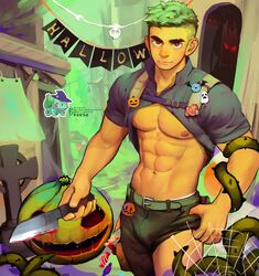  1boy abs banner bara bare_pectorals belt blood blood_on_knife blood_on_weapon blue_shirt bone breezem18 bulbasaur bulge candy chest_harness collared_shirt evil_eyes food green_hair halloween halloween_costume harness highres holding holding_knife holding_weapon holster kitchen_knife knife large_ears large_pectorals looking_at_viewer male_focus muscular muscular_male navel nipples pants pectorals personification plant pokemon pumpkin red_eyes shirt short_hair shoulder_holster silk skull smile spider_web sprout sprout_on_head thick_eyebrows tombstone vines weapon 