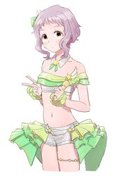  commentary_request cowboy_shot crop_top detached_collar expressionless female flat_chest frilled_wristband frills grey_shirt grey_shorts hair_ornament hassakup holding holding_microphone idolmaster idolmaster_million_live! looking_at_viewer makabe_mizuki microphone navel purple_hair shirt short_hair short_shorts shorts sidelocks solo star_ornament stomach thigh_strap thighs v wavy_hair white_background yellow_eyes 