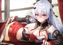  bare_shoulders black_bow black_thighhighs blush bow breasts cleavage closed_mouth commentary crossed_bangs curtains detached_collar detached_sleeves female flower grey_hair hair_between_eyes hair_ornament hairbow highres honkai_(series) honkai_impact_3rd huge_breasts indoors long_hair long_sleeves looking_at_viewer lying miniskirt navel on_side on_stomach pleated_skirt red_eyes red_flower red_rose red_skirt ribbon rose skirt smile solo sparkle theresa_apocalypse theresa_apocalypse_(luna_kindred) theresa_apocalypse_(lunar_vow:_crimson_love) thighhighs thighs very_long_hair white_hair window xfate 