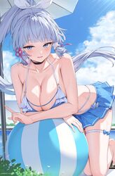  absurdres alternate_costume ball beachball blue_eyes blue_hair blue_skirt blue_sky bow breasts cleavage closed_mouth cloud female genshin_impact hair_ornament hair_ribbon hairbow highres kamisato_ayaka large_breasts light_blue_hair long_hair looking_at_viewer mole mole_under_eye ocean ribbon rosumerii sidelocks skirt sky solo swimsuit tassel tassel_hair_ornament thigh_strap very_long_hair 