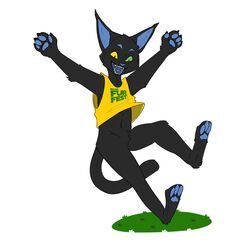  1:1 absurd_res anthro biped black_body black_fur blue_nose blue_pawpads bombom_(brasil_furfest) bottomless bottomless_anthro bottomless_male brasil_furfest brazil brazilian clothed clothing domestic_cat fangs felid feline felis fur fur_tuft green_eyes heterochromia hi_res male mammal nyasu_nee pawpads solo tail teeth text text_on_clothing text_on_topwear topwear tuft yellow_clothing yellow_eyes yellow_topwear 