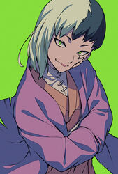  1boy :p asada_hachi asagiri_gen banned_artist black_hair commentary dr._stone facial_mark green_background green_eyes hands_in_opposite_sleeves head_tilt highres japanese_clothes kimono long_sleeves looking_at_viewer male_focus medium_hair multicolored_hair purple_kimono simple_background smile solo symbol-only_commentary tongue tongue_out twitter_username two-tone_hair upper_body watermark white_hair 