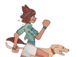  absurd_res anthro athletic_wear bottomwear brown_body brown_fur canid canine canis clothing domestic_dog efradraws fur gym_bottomwear gym_shorts hi_res jogging kobold male mammal monster_girl_(genre) monster_musume painting_(artwork) paws polt_(monster_musume) shorts traditional_media_(artwork) watercolor_(artwork) 