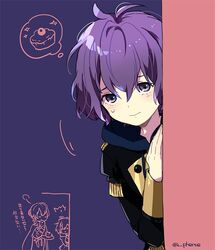  ahoge ascot bad_id bad_twitter_id bernadetta_von_varley blush byleth_(fire_emblem) byleth_(male)_(fire_emblem) female fire_emblem fire_emblem:_three_houses food garreg_mach_monastery_uniform gloves grey_eyes guttary hood long_sleeves looking_at_viewer open_mouth peeking_out purple_hair shadow short_hair signature simple_background solo translated twitter_username uniform upper_body wavy_mouth 