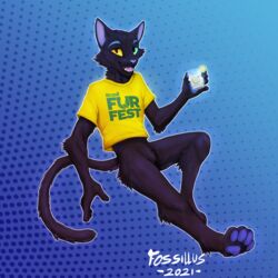  1:1 2021 absurd_res alcohol anthro beverage biped black_body black_fur blue_pawpads bombom_(brasil_furfest) bottomless brasil_furfest caipirinha clothed clothing cocktail domestic_cat felid feline felis fossillus fur fur_tuft green_eyes heterochromia hi_res holding_beverage holding_object male mammal pawpads shirt shirt_only solo tail text text_on_clothing text_on_shirt text_on_topwear topwear topwear_only tuft yellow_clothing yellow_eyes yellow_shirt yellow_topwear 