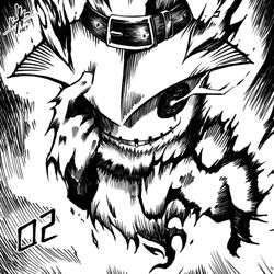  2021 bad_id bad_pixiv_id belt commentary digimon digimon_(creature) english_commentary finger_on_hat ghost ghostmon greyscale hat highres inktober keyliom monochrome open_mouth signature solo stitched_mouth stitches upper_body 