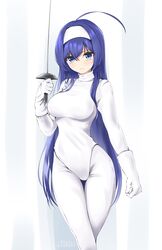  ahoge artist_name blue_hair breasts chaesu commentary female fencing fencing_suit foil_(fencing) gloves headband highres huge_ahoge long_hair looking_up medium_breasts orie_(under_night_in-birth) rapier signature solo sword thighs under_night_in-birth very_long_hair weapon white_gloves white_headband 