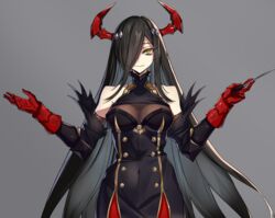  absurdres azur_lane bare_shoulders black_eyeliner black_feathers black_hair black_sleeves breasts cleavage covered_navel detached_sleeves eyeliner feathers female friedrich_der_grosse_(azur_lane) gold_trim hands_up highres holding_baton horns large_breasts long_hair looking_at_viewer makeup mechanical_hands mechanical_horns ouka_(sakura_oinari) red_horns solo thick_eyelashes very_long_hair yellow_eyes 