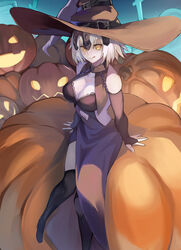  absurdres bare_shoulders black_dress black_hat black_thighhighs breasts bridal_gauntlets chains cleavage clothing_cutout collar detached_sleeves dress fate/grand_order fate_(series) female from_above genshu_doki grey_hair hat headpiece highres jack-o&#039;-lantern jeanne_d&#039;arc_alter_(avenger)_(fate) jeanne_d&#039;arc_alter_(fate) looking_at_viewer medium_breasts metal_collar navel navel_cutout oversized_pumpkin pumpkin raised_eyebrow short_hair sitting smile solo thighhighs tongue tongue_out witch witch_hat yellow_eyes 