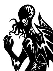  2015 4_claws 4_fingers ambiguous_gender black_and_white claws cthulhu cthulhu_mythos digital_drawing_(artwork) digital_media_(artwork) eldritch_abomination face_tentacles fingers h.p._lovecraft hi_res horizontal_pupils humanoid membrane_(anatomy) membranous_wings monochrome pupils restricted_palette silhouette simple_background solo sunnyclockwork tentacle white_background wings 