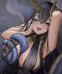  antlers azur_lane black_hair blue_eyes breast_curtains breasts chains covered_nipples fangs female golden_hind_(azur_lane) hand_on_own_face highres horns kuwahara_taiki large_breasts long_hair looking_at_viewer mole mole_under_mouth reindeer_antlers solo tentacle tongue tongue_out upper_body very_long_hair wet 