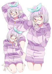  absurdres bespectacled blush bow breasts commentary cropped_legs female glasses gridman_universe hands_up highres hood hood_down hooded_jacket hoodie jacket large_breasts long_sleeves looking_at_viewer looking_over_eyewear multiple_views official_alternate_costume open_mouth pink-framed_eyewear purple_hair purple_hoodie purple_jacket red_eyes shinjou_akane sho_(shoshos_8888) short_hair simple_background sitting smile ssss.gridman teeth tinted_eyewear upper_teeth_only wariza white_background yellow-tinted_eyewear 