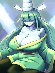  breasts celesteela collarbone covered_nipples female hair_ornament hair_over_one_eye hair_stick hat highres huge_breasts jewelry long_hair neck_ring off_shoulder pokemon pokemon_(creature) quarium sitting smile solo thick_eyebrows very_long_hair wariza 