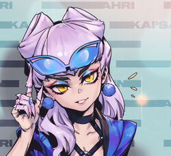  black_choker choker collarbone earrings evelynn_(league_of_legends) fake_claws female grey_hair grin hand_up jacket jewelry k/da_all_out_evelynn league_of_legends long_hair multicolored_clothes multicolored_jacket notice_lines official_alternate_costume open_clothes open_jacket orange_eyes phantom_ix_row smile solo sunglasses teeth upper_body yellow_eyes 