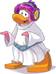  alpha_channel avian belt bird blue_belt clothing club_penguin cosplay dj_cadence electronics female full-length_portrait hair hair_buns headphones leia_organa looking_at_viewer medium_hair multicolored_hair official_art open_mouth penguin pink_body pink_hair portrait purple_hair robe solo star_wars toony two_tone_hair unknown_artist upper_teeth_only white_clothing white_robe 