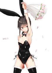  animal_ears arm_up armpits ass_visible_through_thighs bare_shoulders black_bow black_bowtie blush bouquet bow bowtie breasts brown_hair cleavage commentary_request cowboy_shot detached_collar detached_sleeves fake_animal_ears falling_petals female flower fubuki_(kancolle) fur-trimmed_thighhighs fur_trim grey_eyes hair_between_eyes hairband highleg highres holding holding_bouquet kantai_collection leotard low_ponytail one-hour_drawing_challenge petals playboy_bunny rabbit_ears sidelocks simple_background small_breasts smile solo standing strapless strapless_leotard tetsukuzu_(yajirushi_shita) thighhighs twitter_username white_background wing_collar 