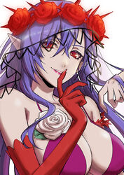  absurdres azusamaru blue_hair breasts cleavage dress female flower gloves highres large_breasts lipstick long_hair looking_at_viewer makeup maria_traydor pointy_ears red_eyes red_flower red_rose rose simple_background single_glove smile solo star_ocean star_ocean_anamnesis star_ocean_till_the_end_of_time thorns vampire white_background 