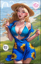  absurdres aroma_sensei artist_name beach bikini bikini_under_clothes black_border blonde_hair blue_dress blue_eyes blue_panties blush border breasts cleavage clothes_pull collarbone commentary covered_navel cowboy_shot curvy dress dress_pull english_commentary english_text female floating_hair floral_print freckles frilled_bikini frills grass haley_(stardew_valley) halterneck hat highres large_breasts long_hair looking_to_the_side mole mole_on_breast nose open_clothes open_dress open_mouth outdoors panties pantyshot parted_hair patreon_username plaid plaid_bikini short_dress sky smile solo sound_effects speech_bubble stardew_valley straw_hat swimsuit underwear undressing v-neck wide_hips wind wind_lift 