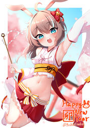  absurdres ahoge animal_ears aqua_eyes armpits bare_shoulders bell blurry blurry_background bow breasts cherry_blossoms cropped_kimono crossed_bangs detached_sleeves dutch_angle eyelashes falling_petals female floral_print foot_out_of_frame frills gohei hair_between_eyes highres hip_vent holding hololive japanese_clothes jingle_bell kimono long_hair looking_at_viewer midriff multicolored_hair natsuiro_matsuri natsuiro_matsuri_(new_year) navel new_year no_shoes nontraditional_miko obi obijime oerba_yun_fang official_alternate_costume open_mouth orange_sash petals rabbit_ears red_bow sash sideboob sleeveless sleeveless_kimono small_breasts socks solo standing standing_on_one_leg stomach streaked_hair striped striped_bow tabi twitter_username virtual_youtuber white_hair white_kimono white_socks wide_hips wide_sleeves yoshie_eneko 